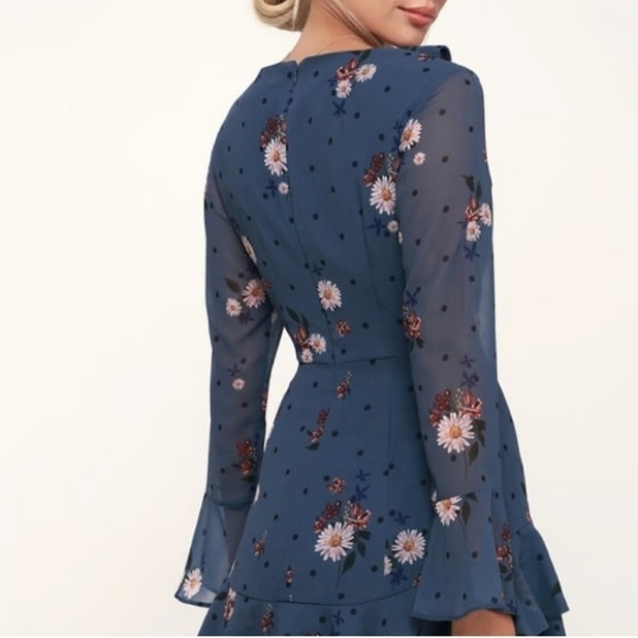 Keepsake Run Free Dark Slate Blue Floral Print Ruffled Long Sleeve Dress xl - Picture 3 of 16